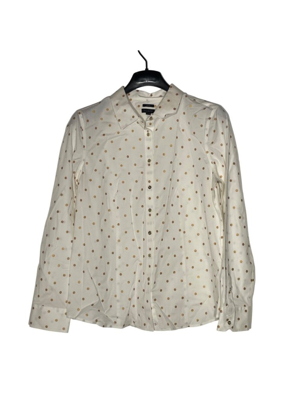 Talbots Non-Iron Gold Metallic Polka Dot Button Up Top Sz 12 Classic Preppy